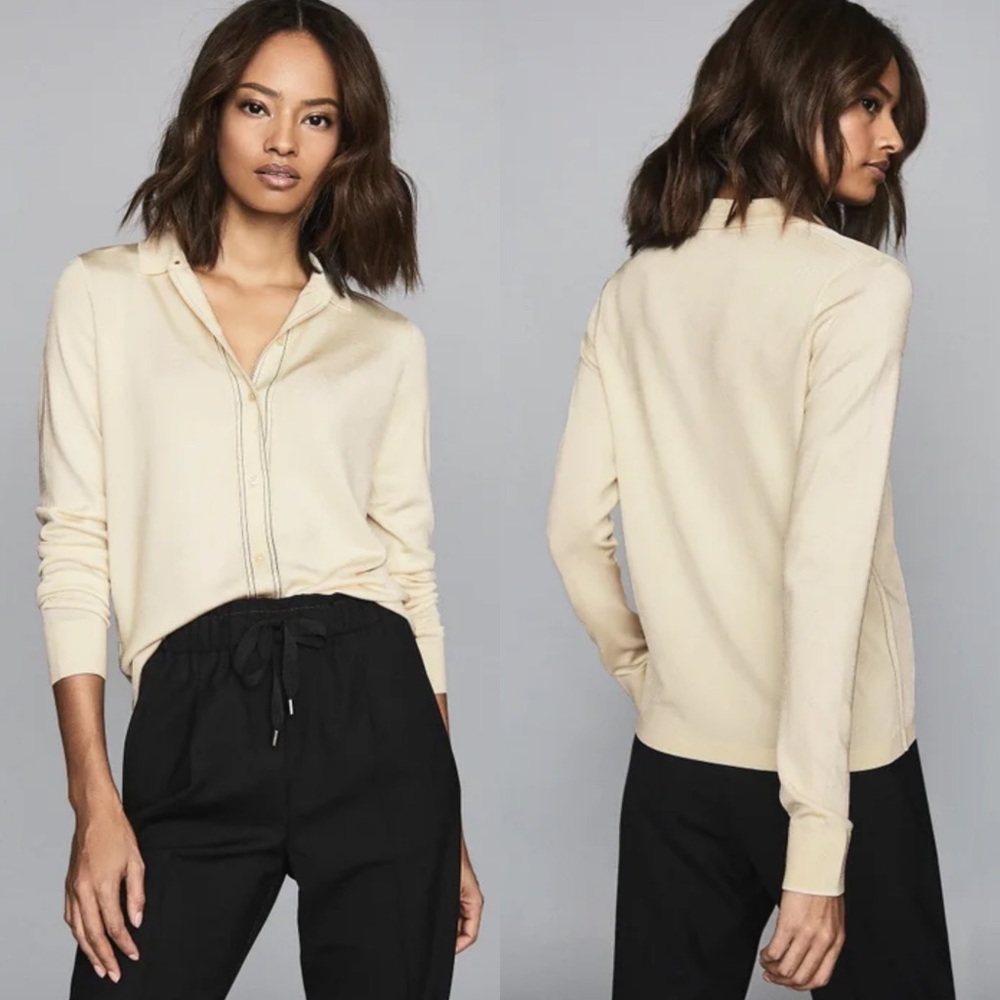 Reiss Ida Knit Stitch Detail Button-Up Top